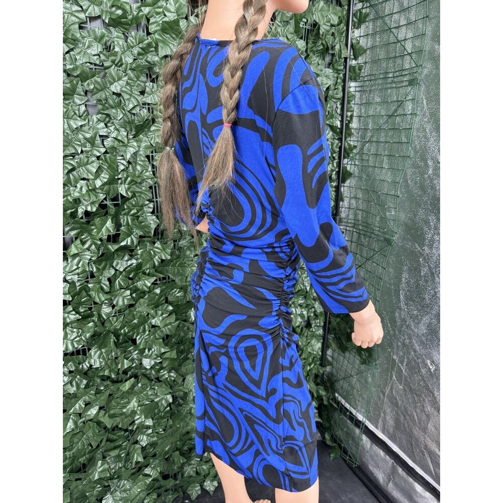 MILANO Royal BLUE & BLACK ABSTRACT LONG SLEEVE DRESS SZ M - Picture 6 of 11